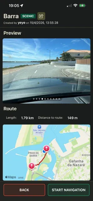 Legend Maps — track detail with dashcam preview, route map and navigation